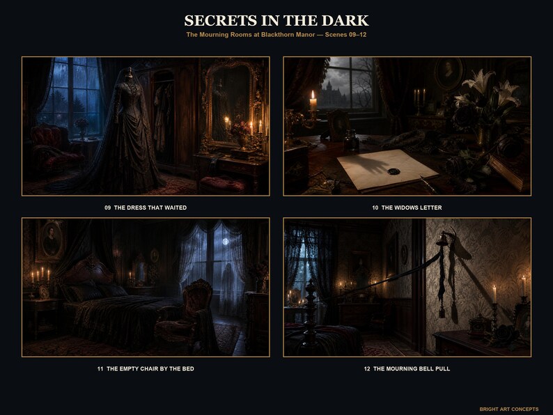 May include: A digital art print titled SECRETS IN THE DARK featuring four scenes from The Mourning Rooms at Blackthorn Manor: 09 THE DRESS THAT WAITED, 10 THE WIDOWS LETTER, 11 THE EMPTY CHAIR BY THE BED, and 12 THE MOURNING BELL PULL by BRIGHT ART CONCEPTS.