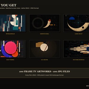 May include: A digital collection of 100 Frame TV artworks in 3840 x 2160 pixel resolution. The display shows six preview thumbnails titled Petroleum Blue, Graphite Signal, Lunar Circuit, Neon Thermal, Gilt Archive, and Nocturne Interface.
