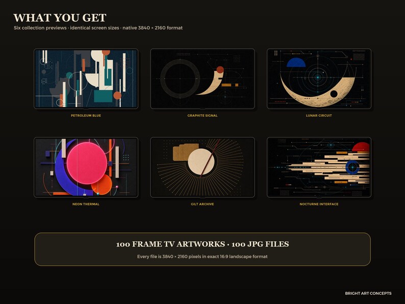 May include: A digital collection of 100 Frame TV artworks in 3840 x 2160 pixel resolution. The display shows six preview thumbnails titled Petroleum Blue, Graphite Signal, Lunar Circuit, Neon Thermal, Gilt Archive, and Nocturne Interface.
