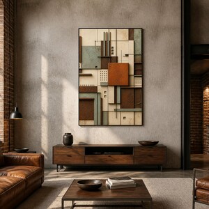 May include: A rectangular wall art piece featuring a layered geometric composition of cream, sage green, and rust-colored panels. The artwork includes raised vertical bars, square cutouts, and textured surfaces arranged in a structured, grid-like pattern.