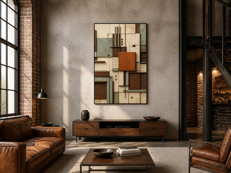 May include: A rectangular wall art piece featuring a layered geometric composition of cream, sage green, and rust-colored panels. The artwork includes raised vertical bars, square cutouts, and textured surfaces arranged in a structured, grid-like pattern.