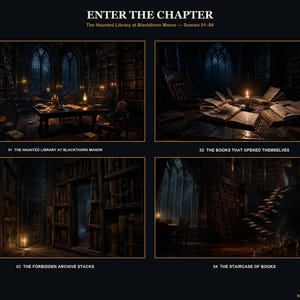 May include: A digital art print titled ENTER THE CHAPTER featuring four dark, atmospheric scenes of a library at Blackthorn Manor. The panels depict a candlelit study, open books, archive stacks, and a staircase, all rendered in deep brown and black tones.