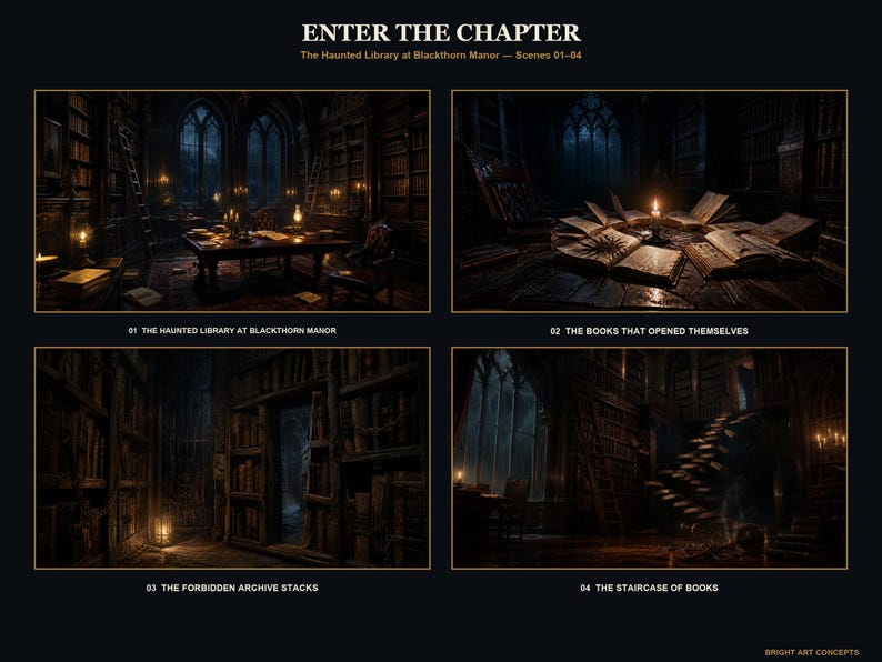 May include: A digital art print titled ENTER THE CHAPTER featuring four dark, atmospheric scenes of a library at Blackthorn Manor. The panels depict a candlelit study, open books, archive stacks, and a staircase, all rendered in deep brown and black tones.