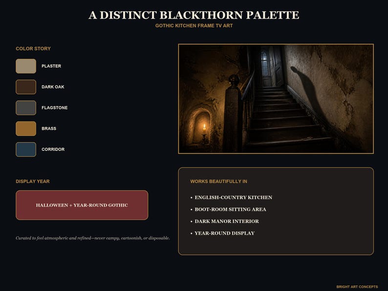 May include: A digital display board titled A DISTINCT BLACKTHORN PALETTE GOTHIC KITCHEN FRAME TV ART. It features a color palette list, a dark interior staircase image with a long shadow, and text sections detailing display year and room usage.