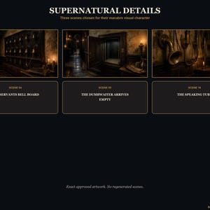 May include: A dark-themed display titled SUPERNATURAL DETAILS featuring three scenes: SCENE 04 THE SERVANTS BELL BOARD, SCENE 05 THE DUMBWAITER ARRIVES EMPTY, and SCENE 16 THE SPEAKING TUBE. The layout includes text labels and a footer reading BRIGHT ART CONCEPTS.