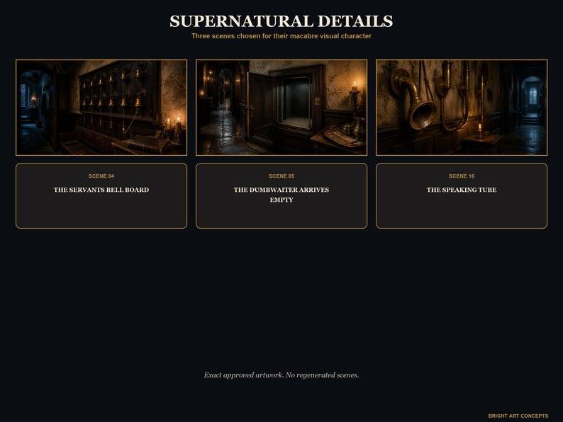 May include: A dark-themed display titled SUPERNATURAL DETAILS featuring three scenes: SCENE 04 THE SERVANTS BELL BOARD, SCENE 05 THE DUMBWAITER ARRIVES EMPTY, and SCENE 16 THE SPEAKING TUBE. The layout includes text labels and a footer reading BRIGHT ART CONCEPTS.