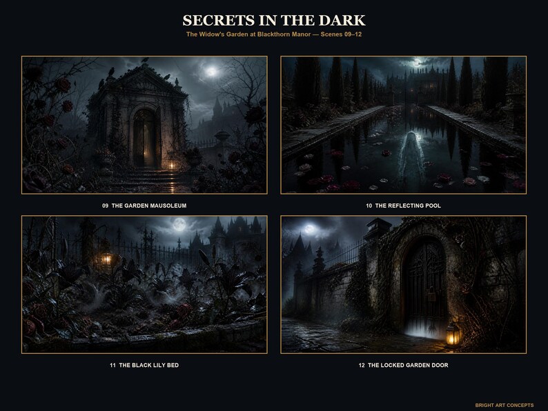 May include: A digital art print titled SECRETS IN THE DARK featuring four scenes from The Widow's Garden at Blackthorn Manor: The Garden Mausoleum, The Reflecting Pool, The Black Lily Bed, and The Locked Garden Door, all in dark, moody tones.