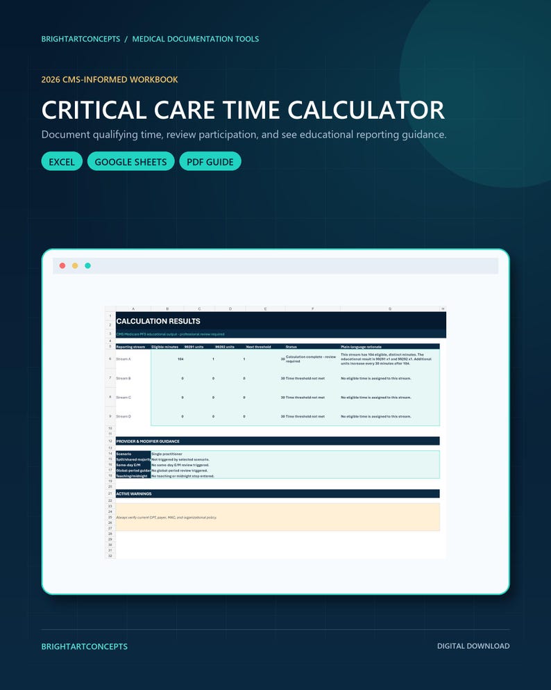 May include: A digital 2026 CMS-informed workbook titled Critical Care Time Calculator. The interface displays calculation results, provider and modifier guidance, and active warnings. Includes Excel, Google Sheets, and PDF guide formats.