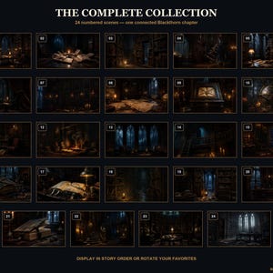 May include: A collection of 24 numbered dark, atmospheric scenes titled THE COMPLETE COLLECTION, 24 numbered scenes &mdash; one connected Blackthorn chapter. Each rectangular frame depicts a moody, dimly lit interior with books and candles.