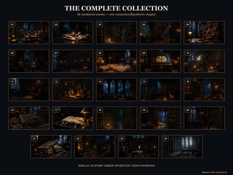 May include: A collection of 24 numbered dark, atmospheric scenes titled THE COMPLETE COLLECTION, 24 numbered scenes &mdash; one connected Blackthorn chapter. Each rectangular frame depicts a moody, dimly lit interior with books and candles.