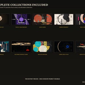 May include: A digital collection of 10 Frame TV art previews featuring abstract geometric designs. Each rectangular display showcases distinct color palettes and shapes, labeled with titles like Black and Gold, Purple/Black Bauhaus, and Oxide Cinema.