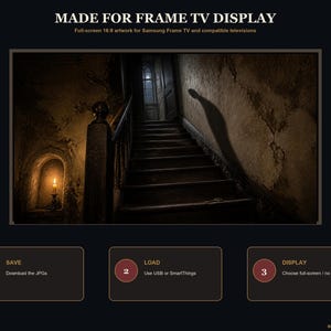 May include: Digital artwork for a Samsung Frame TV featuring a dark, moody staircase with a single lit candle in a wall niche, a long shadow cast on the textured wall, and a key on the steps. Text includes MADE FOR FRAME TV DISPLAY and instructions.