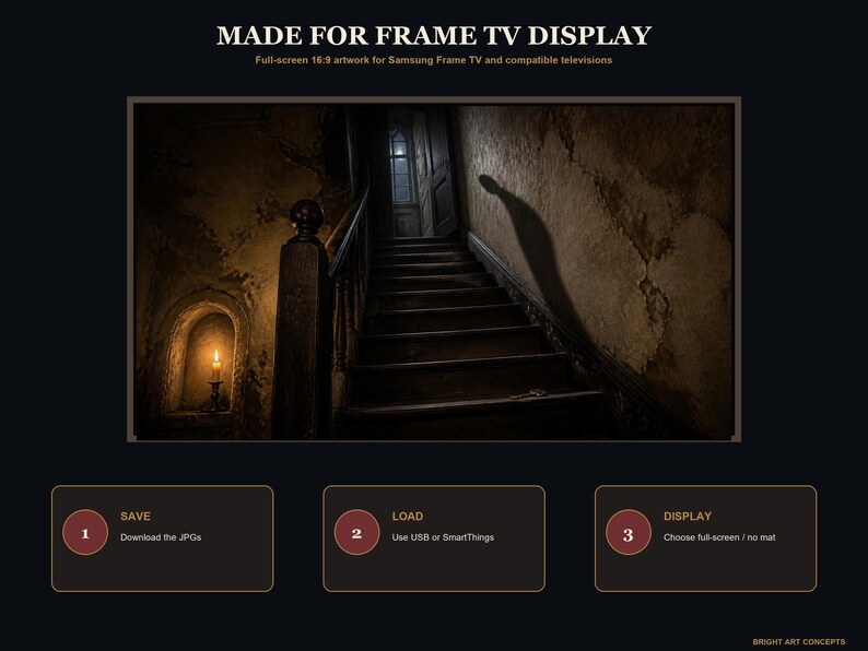 May include: Digital artwork for a Samsung Frame TV featuring a dark, moody staircase with a single lit candle in a wall niche, a long shadow cast on the textured wall, and a key on the steps. Text includes MADE FOR FRAME TV DISPLAY and instructions.