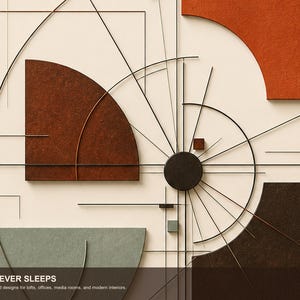 May include: A wall art piece featuring geometric shapes including orange, dark brown, and sage green textured semi-circles and squares arranged with thin black metal lines. The text RUST NEVER SLEEPS and Ten coordinated designs for lofts, offices, media rooms, and modern interiors is printed at the bottom.