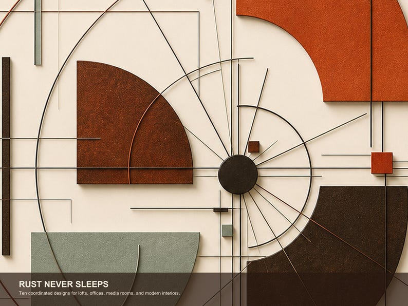 May include: A wall art piece featuring geometric shapes including orange, dark brown, and sage green textured semi-circles and squares arranged with thin black metal lines. The text RUST NEVER SLEEPS and Ten coordinated designs for lofts, offices, media rooms, and modern interiors is printed at the bottom.