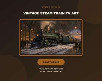 Vintage Steam Train Wall Art Set of 24, Winter Express Christmas Frame TV Art