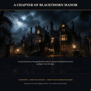 May include: A digital art print titled A CHAPTER OF BLACKTHORN MANOR featuring a dark, multi-story stone mansion at night under a full moon. Warm light glows from the windows and two gate lanterns. Text includes A connected journey through Blackthorn Manor during its final half-hour before midnight&mdash;then first light. ATMOSPHERE | NARRATIVE CONTINUITY | TWENTY-FOUR COORDINATED SCENES. Designed as an entire display rotation&mdash;not a random image bundle. BRIGHT ART CONCEPTS.