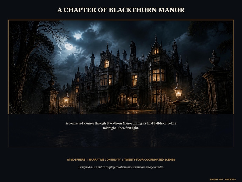 May include: A digital art print titled A CHAPTER OF BLACKTHORN MANOR featuring a dark, multi-story stone mansion at night under a full moon. Warm light glows from the windows and two gate lanterns. Text includes A connected journey through Blackthorn Manor during its final half-hour before midnight&mdash;then first light. ATMOSPHERE | NARRATIVE CONTINUITY | TWENTY-FOUR COORDINATED SCENES. Designed as an entire display rotation&mdash;not a random image bundle. BRIGHT ART CONCEPTS.