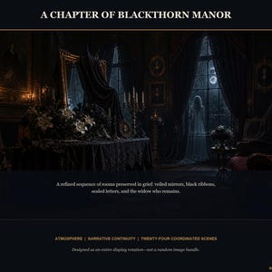 May include: A digital art collection titled A CHAPTER OF BLACKTHORN MANOR featuring twenty-four coordinated scenes of a dark room with a veiled mirror, black ribbons, and a ghostly figure by a window, with the text A refined sequence of rooms.