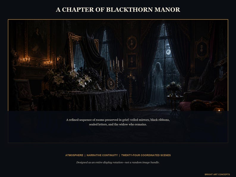 May include: A digital art collection titled A CHAPTER OF BLACKTHORN MANOR featuring twenty-four coordinated scenes of a dark room with a veiled mirror, black ribbons, and a ghostly figure by a window, with the text A refined sequence of rooms.