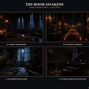 May include: A digital art print titled THE ROOM AWAKENS, Midnight at Blackthorn Manor, featuring four dark, atmospheric interior scenes: a drawing room, a candlelit corridor, a nursery with a rocking horse, and a music room with a grand piano.