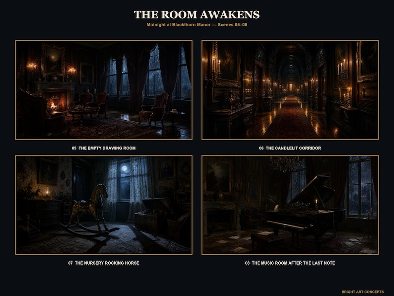 May include: A digital art print titled THE ROOM AWAKENS, Midnight at Blackthorn Manor, featuring four dark, atmospheric interior scenes: a drawing room, a candlelit corridor, a nursery with a rocking horse, and a music room with a grand piano.