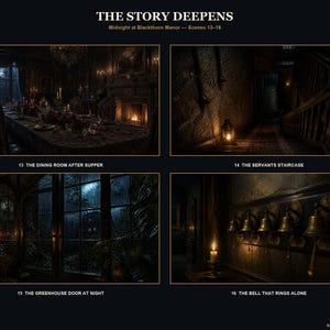 May include: A four-panel digital art print titled THE STORY DEEPENS: Midnight at Blackthorn Manor. Scenes 13-16 depict a dark dining room, a servants staircase, a greenhouse door at night, and a wall of brass bells, all with moody lighting.