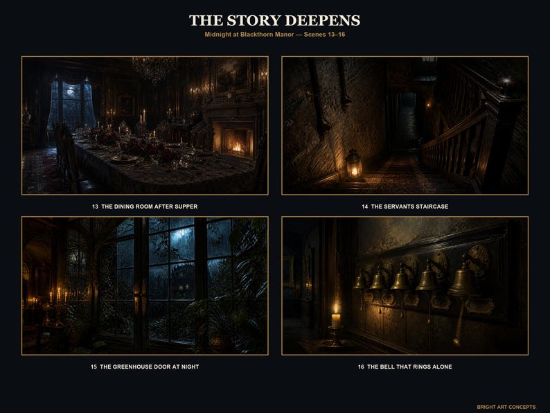May include: A four-panel digital art print titled THE STORY DEEPENS: Midnight at Blackthorn Manor. Scenes 13-16 depict a dark dining room, a servants staircase, a greenhouse door at night, and a wall of brass bells, all with moody lighting.