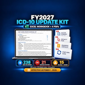 May include: The FY2027 ICD-10 Update Kit includes an Excel workbook and four PDF documents. The digital display shows the 2027 Code Update Survival Kit, with statistics for 238 new entries, 21 removed entries, and 15 billable to header changes.