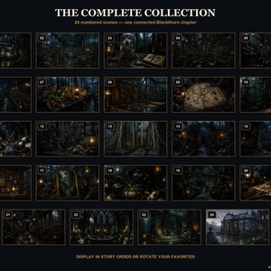 May include: A collection of 24 numbered dark, atmospheric scenes titled THE COMPLETE COLLECTION, featuring one connected Blackthorn chapter. Each rectangular image displays detailed, moody illustrations of botanical and gothic environments.