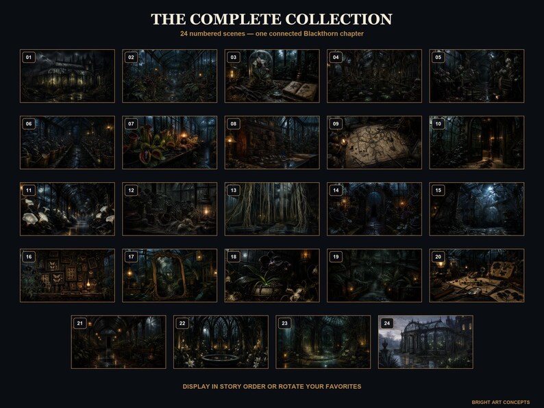 May include: A collection of 24 numbered dark, atmospheric scenes titled THE COMPLETE COLLECTION, featuring one connected Blackthorn chapter. Each rectangular image displays detailed, moody illustrations of botanical and gothic environments.