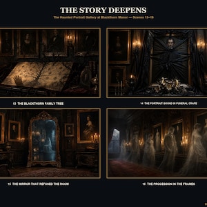 May include: A four-panel art print titled THE STORY DEEPENS, The Haunted Portrait Gallery at Blackthorn Manor &mdash; Scenes 13&ndash;16. It features dark, atmospheric scenes of a family tree, a portrait in funeral crape, a mirror, and a ghostly procession.