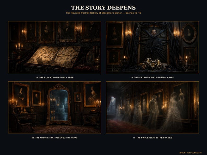 May include: A four-panel art print titled THE STORY DEEPENS, The Haunted Portrait Gallery at Blackthorn Manor &mdash; Scenes 13&ndash;16. It features dark, atmospheric scenes of a family tree, a portrait in funeral crape, a mirror, and a ghostly procession.