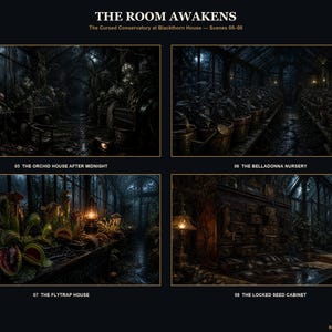 May include: A digital art print titled THE ROOM AWAKENS, The Cursed Conservatory at Blackthorn House, featuring four dark, atmospheric scenes labeled 05 THE ORCHID HOUSE AFTER MIDNIGHT, 06 THE BELLADONNA NURSERY, 07 THE FLYTRAP HOUSE, and 08 THE LOCKED SEED CABINET.
