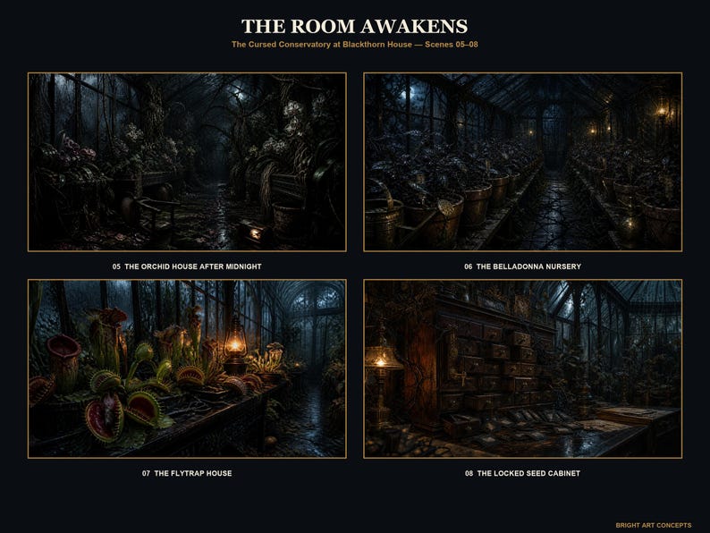 May include: A digital art print titled THE ROOM AWAKENS, The Cursed Conservatory at Blackthorn House, featuring four dark, atmospheric scenes labeled 05 THE ORCHID HOUSE AFTER MIDNIGHT, 06 THE BELLADONNA NURSERY, 07 THE FLYTRAP HOUSE, and 08 THE LOCKED SEED CABINET.