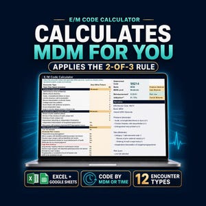 Może przedstawiać: Ekran laptopa wyświetla arkusz kalkulacyjny E/M Code Calculator z danymi rozliczeń medycznych, w tym typami spotkań, poziomami MDM i kryteriami ryzyka. Tekst zawiera E/M CODE CALCULATOR, CALCULATES MDM FOR YOU, APPLIES THE 2-OF-3 RULE, EXCEL + GOOGLE SHEETS, CODE BY MDM OR TIME oraz 12 ENCOUNTER TYPES.