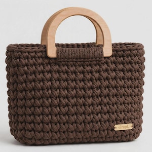 Sac cabas marron crocheté à la main avec anses en bois | Style bohème chic | elrapk