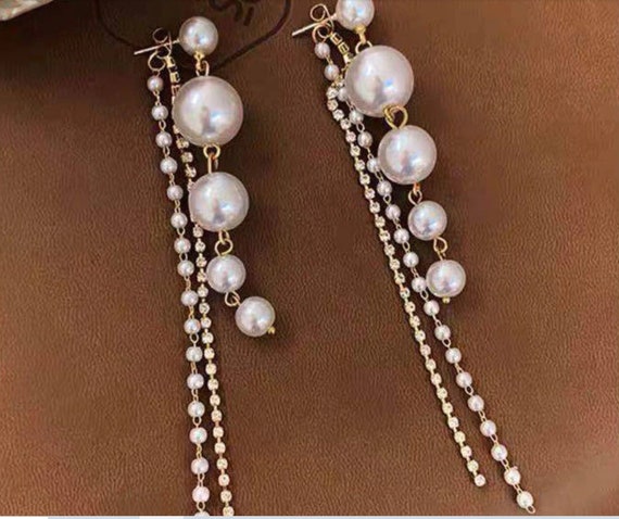  wekicici Pearl Rhinestone Tassel Earrings Fashion Crystal Long  Chain Drop Dangle Jewelry for Girls Women, gold : Clothing, Shoes & Jewelry