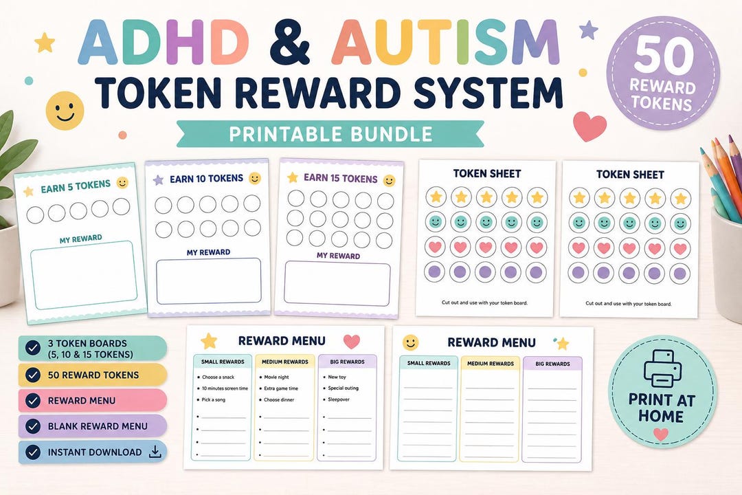 ADHD & Autism Token Board Printable Behavior Chart 5–15 Tokens Instant ...