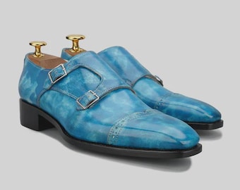handmade blue patina double monk strap shoes for men