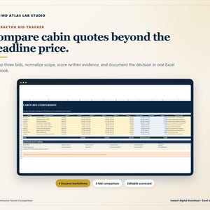 Pode incluir: Uma pasta de trabalho digital do Excel intitulada Contractor Bid Tracker para comparar orçamentos de cabines. A interface exibe uma tabela Cabin Bid Comparison com colunas para três propostas, normalização de escopo e um scorecard.