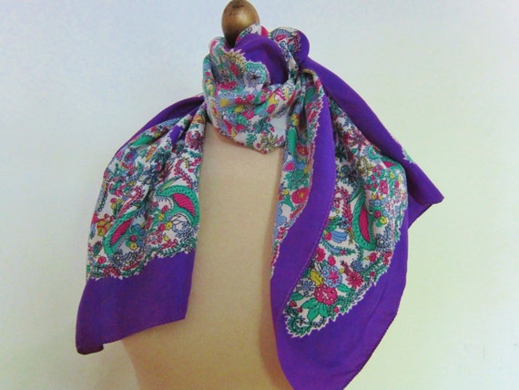 1940s 50s LONG silk scarf , JUNGLE scarf, violet
