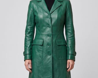 Women’s Emerald Green Leather Coat |Classic Button Front Knee Length Tailored Leather Overcoat | Handmade