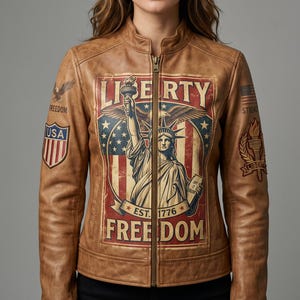 Op de afbeelding: Een bruinleren jas met een grote grafische print van het Vrijheidsbeeld, de Amerikaanse vlag en de tekst "LIBERTY" en "FREEDOM" op de voorzijde. De mouwen zijn voorzien van patches van een adelaar, het USA-schild en een fakkel.