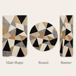May include: Three rugs featuring a geometric pattern of black, gray, beige, and white triangles, labeled Main Shape, Round, and Runner. Below, a round rug with a fringed edge and a circular pattern is labeled with the size 1.5 ft x 1.5 ft.