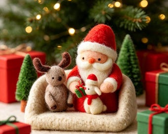 森のクリスマスミニフェルトシーン、サンタ、ウサギ、トナカイ付き、素朴な子供用本棚装飾、家族や子供へのホリデーギフト