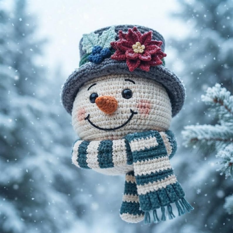 Pu&ograve; includere: Un pupazzo di neve all'uncinetto con testa color crema, naso a forma di carota e un ampio sorriso. Indossa un cilindro grigio scuro decorato con una stella di Natale rossa e bacche blu, e una sciarpa a righe color ottanio e crema con frange.