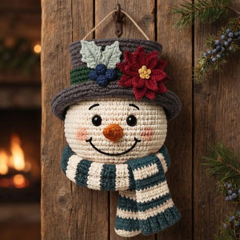 Pu&ograve; includere: Una decorazione da parete all'uncinetto a forma di pupazzo di neve con un cilindro grigio scuro decorato con una stella di Natale rossa, foglie verdi e bacche blu. Il pupazzo ha un viso color crema, un naso arancione e una sciarpa a righe.