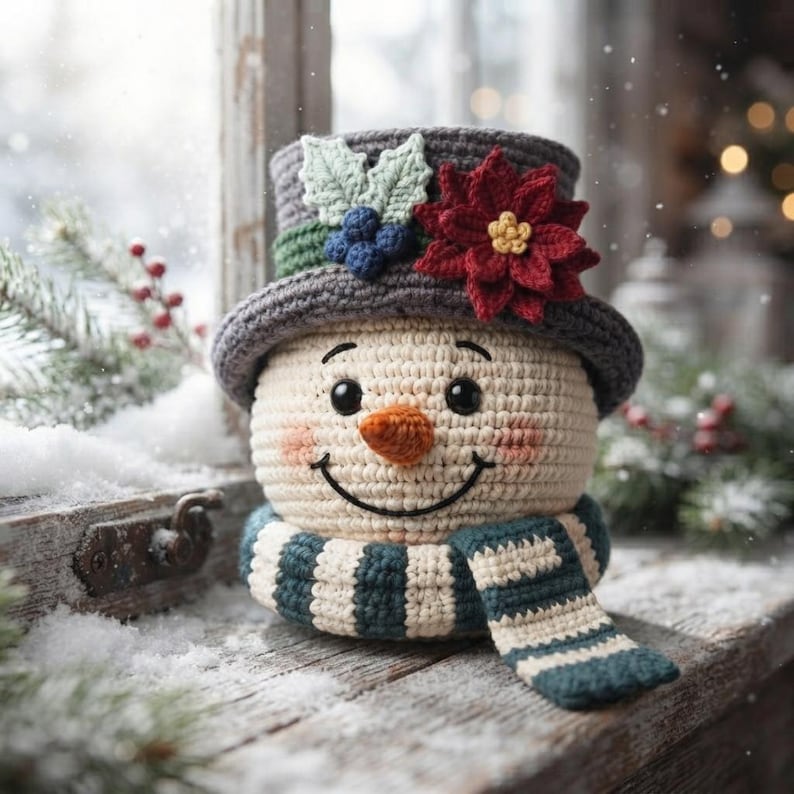 Pu&ograve; includere: Una figura di pupazzo di neve all'uncinetto che indossa un cappello a cilindro grigio decorato con una stella di Natale rossa, bacche blu e foglie verde chiaro. Il pupazzo di neve ha una testa rotonda color crema, un piccolo naso a carota arancione e una sciarpa a righe color ottanio e crema.