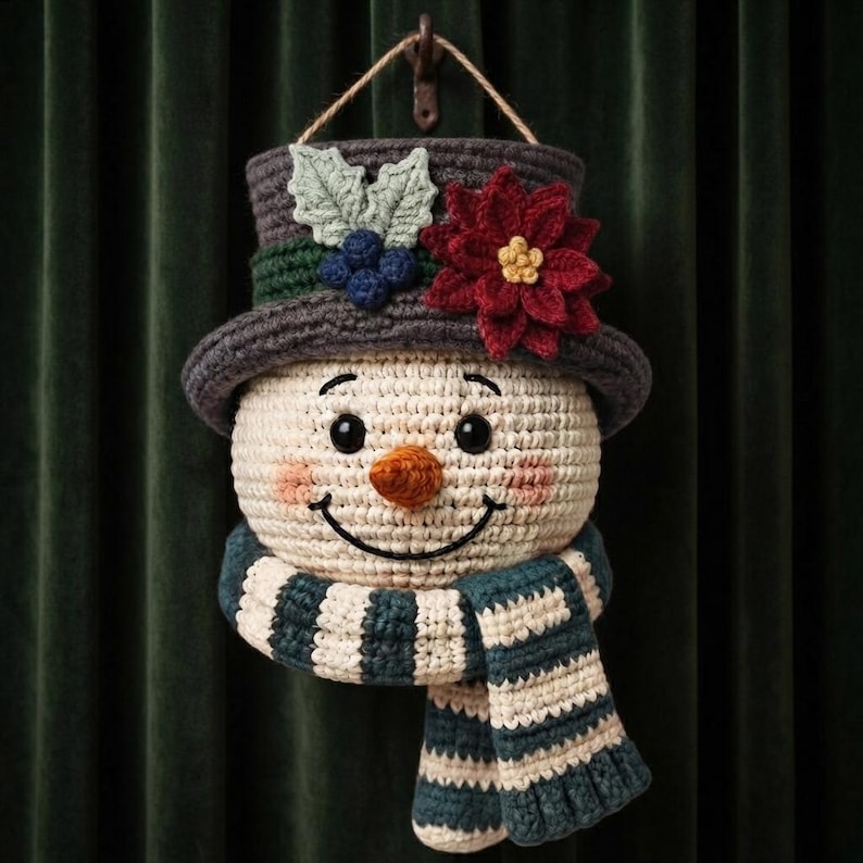 Pu&ograve; includere: Una decorazione da parete all'uncinetto a forma di pupazzo di neve con testa color crema, cilindro grigio scuro decorato con una stella di Natale rossa, foglie verdi e bacche blu, e una sciarpa a righe color ottanio e crema.